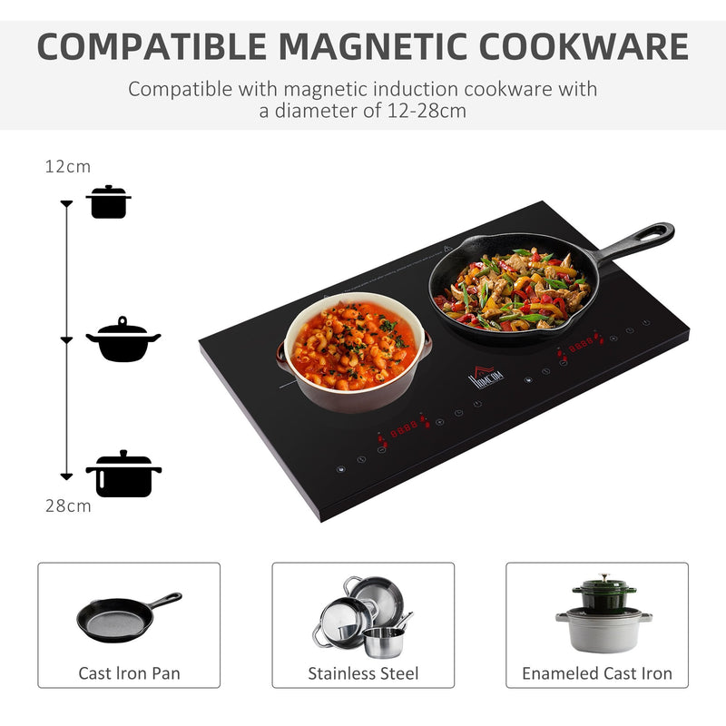 HOMCOM Portable Induction Hob Double Induction Cooker 2800W Twin Hot Plate Electric Cooktop with 8 Power & Temperature Levels 4H Timer Child Lock Sensor Touch LED Display Crystal Glass w/