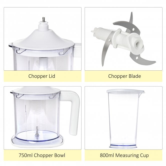 HOMCOM Hand Mixer 5 in 1 500W - White Electric Whisk Five Speed w/ Stainless Steel Dough Hook Beater Blender Chopper for Kitchen Baking