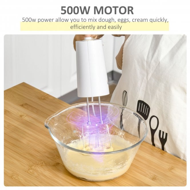 HOMCOM Hand Mixer 5 in 1 500W - White Electric Whisk Five Speed w/ Stainless Steel Dough Hook Beater Blender Chopper for Kitchen Baking