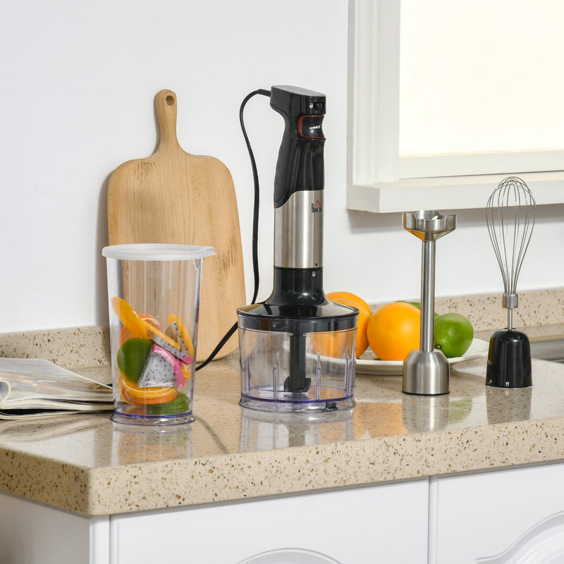 HOMCOM Immersion Hand Blender 1000W, 4 In 1 Handheld Stick Blender with Measuring Cup, Egg Whisk, Chopper Bowl