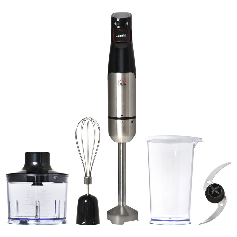 HOMCOM Immersion Hand Blender 1000W, 4 In 1 Handheld Stick Blender with Measuring Cup, Egg Whisk, Chopper Bowl