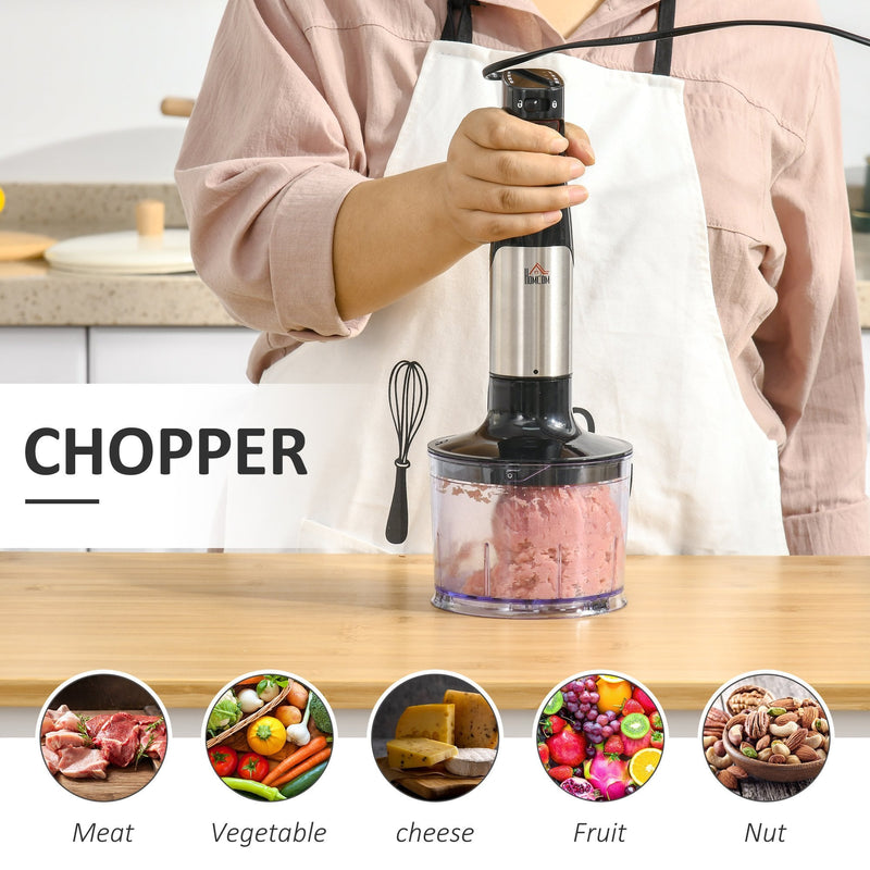HOMCOM Immersion Hand Blender 1000W, 4 In 1 Handheld Stick Blender with Measuring Cup, Egg Whisk, Chopper Bowl