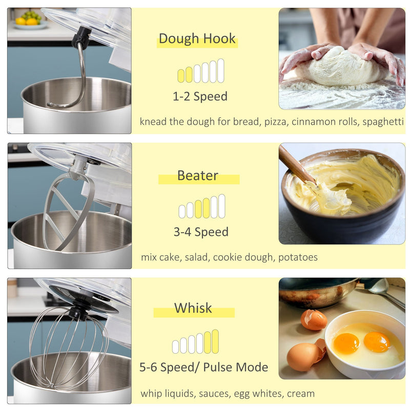 HOMCOM Stand Mixer - White with 6 Speeds and Pulse Setting, 1200W 5.5L Tilt Head Electric Cake Mixer with Stainless Bowl, Beater, Dough Hook and Whisk, Dishwasher Safe, Silver w/ Speed Setting