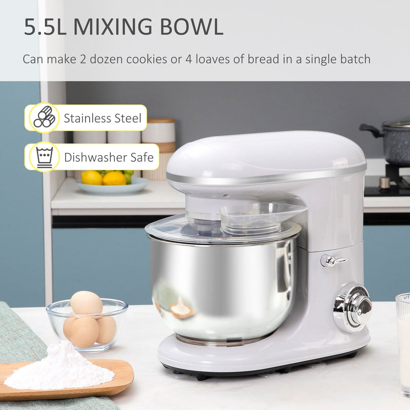 HOMCOM Stand Mixer - White with 6 Speeds and Pulse Setting, 1200W 5.5L Tilt Head Electric Cake Mixer with Stainless Bowl, Beater, Dough Hook and Whisk, Dishwasher Safe, Silver w/ Speed Setting