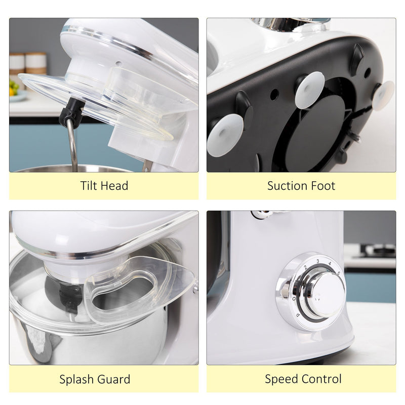 HOMCOM Stand Mixer - White with 6 Speeds and Pulse Setting, 1200W 5.5L Tilt Head Electric Cake Mixer with Stainless Bowl, Beater, Dough Hook and Whisk, Dishwasher Safe, Silver w/ Speed Setting