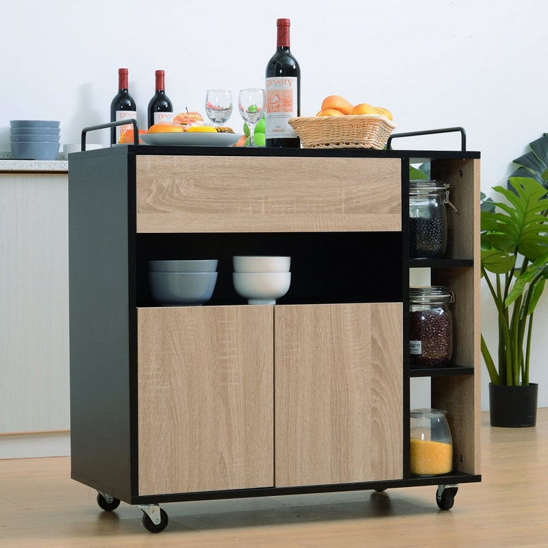 Rolling Kitchen Island - Oak/Black Colour