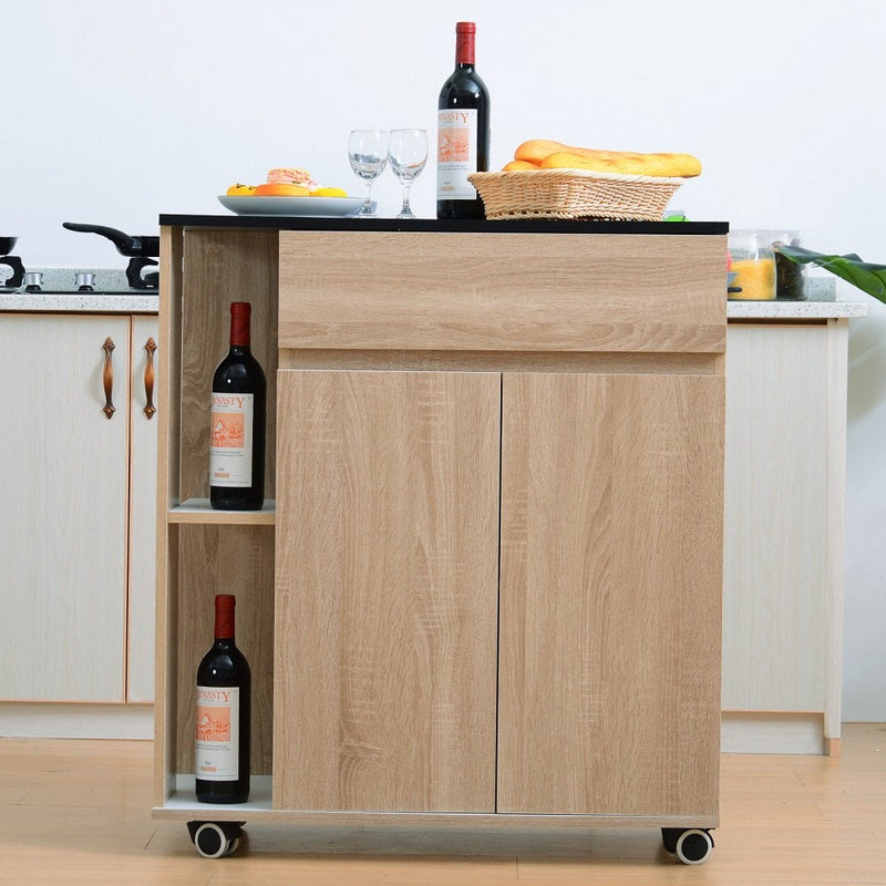HOMCOM Kitchen Storage Trolley Cart Cupboard Rolling Island Shelves Cabinet with Door and Drawer Locking Wheels