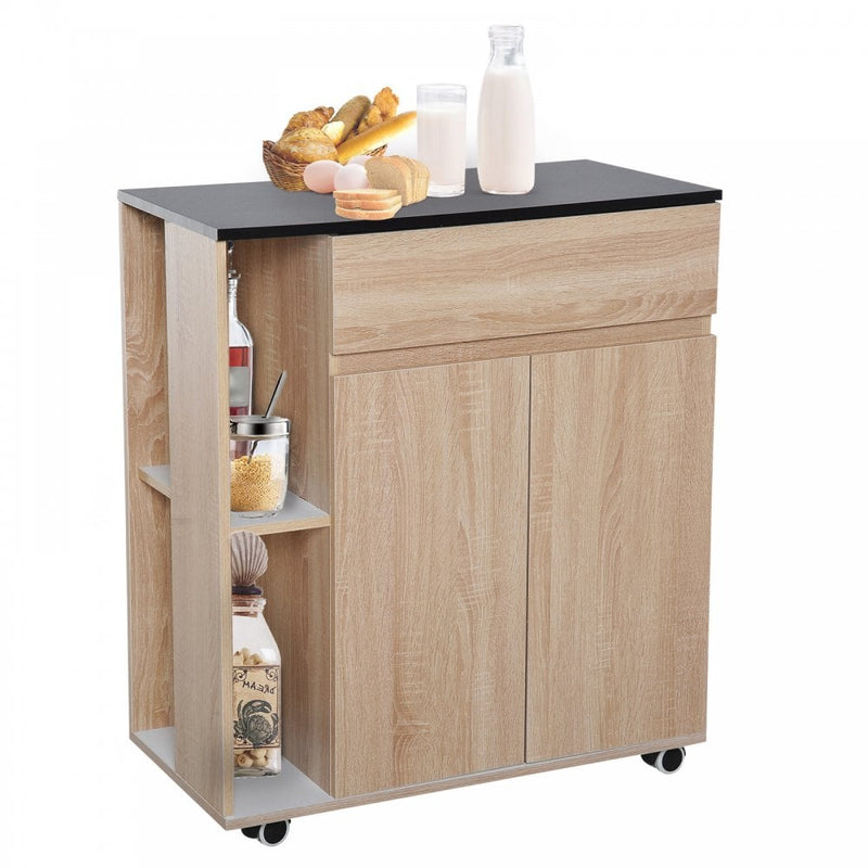 HOMCOM Kitchen Storage Trolley Cart Cupboard Rolling Island Shelves Cabinet with Door and Drawer Locking Wheels