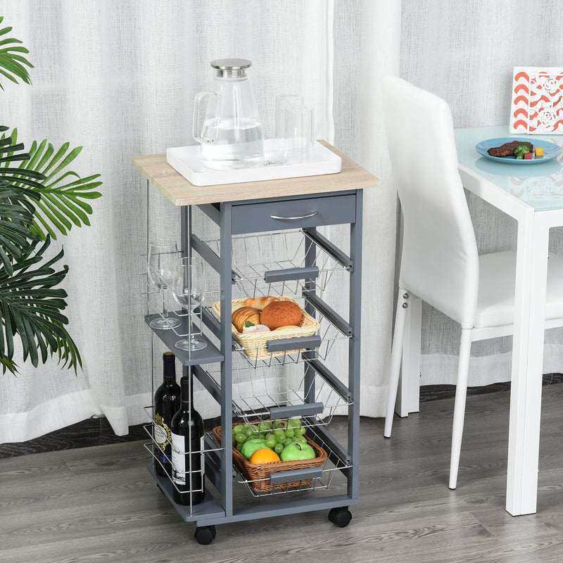 HOMCOM Compact Kitchen Cart, Wooden Rolling Kitchen Storage Cart with Storage, Utility Cart with 4 Wire Baskets Drawer, Gray