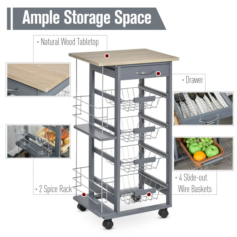 HOMCOM Multi-Use Kitchen Island Trolley w/ 4 Baskets 2 Side Racks Drawer Worktop 4 Wheels Worktop Home Food Storage Spice Vegetables Fruits Smooth Rolling Compact Furniture Dark Grey