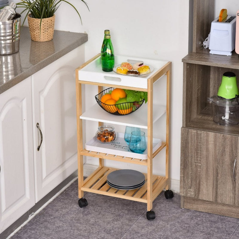 HOMCOM Pine Wood 4-Tier Kitchen Trolley White