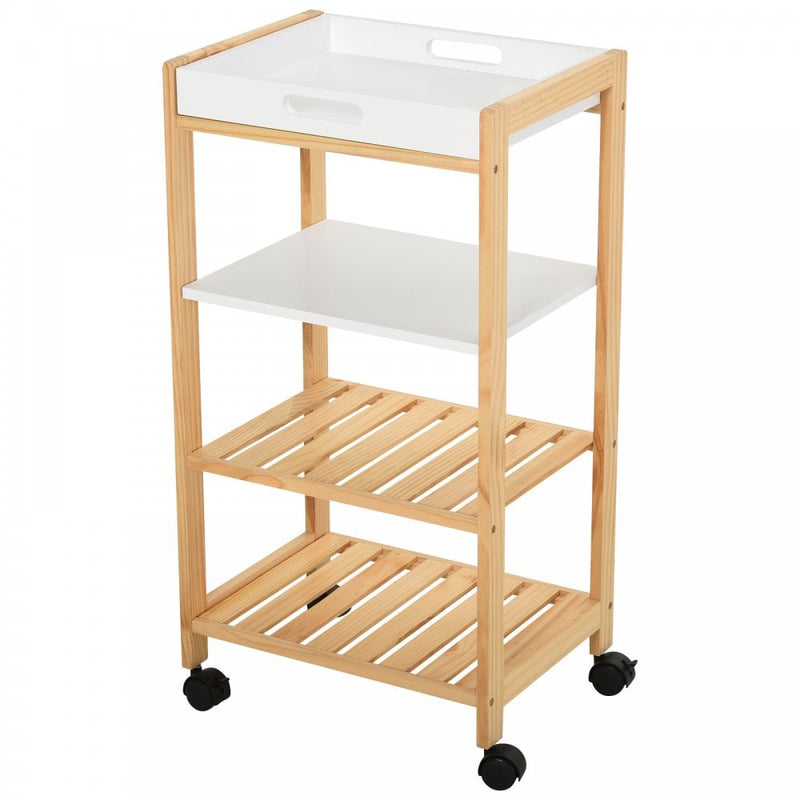 HOMCOM Pine Wood 4-Tier Kitchen Trolley White