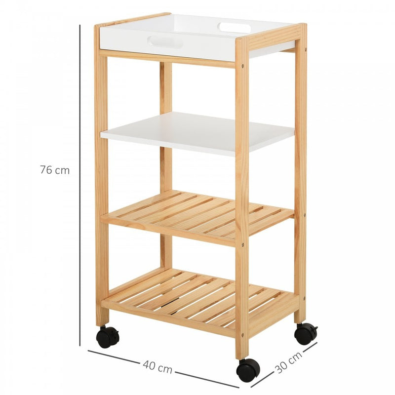 HOMCOM Pine Wood 4-Tier Kitchen Trolley White