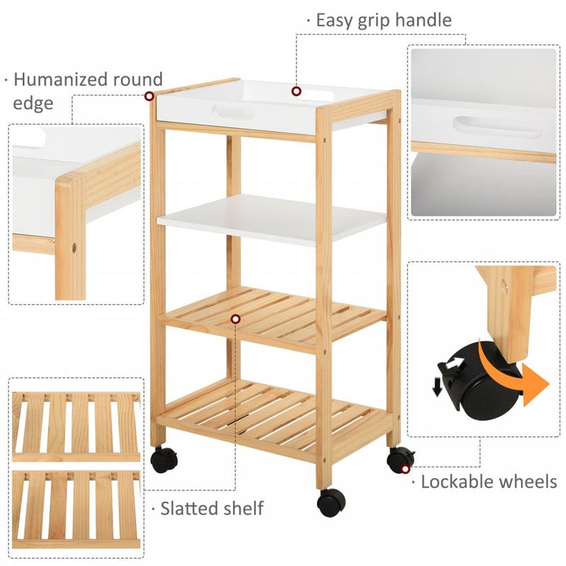 HOMCOM Pine Wood 4-Tier Kitchen Trolley White