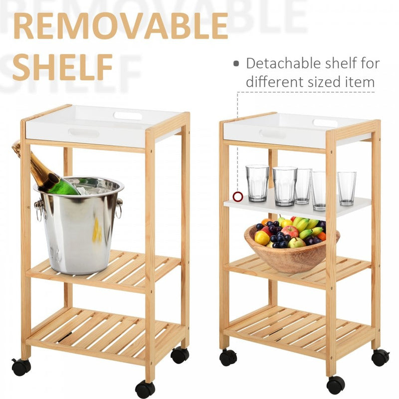 HOMCOM Pine Wood 4-Tier Kitchen Trolley White