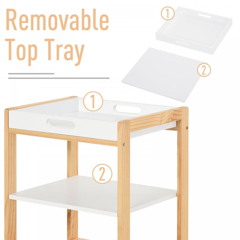 HOMCOM Pine Wood 4-Tier Kitchen Trolley White