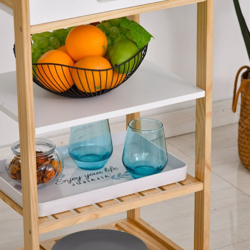 HOMCOM Pine Wood 4-Tier Kitchen Trolley White