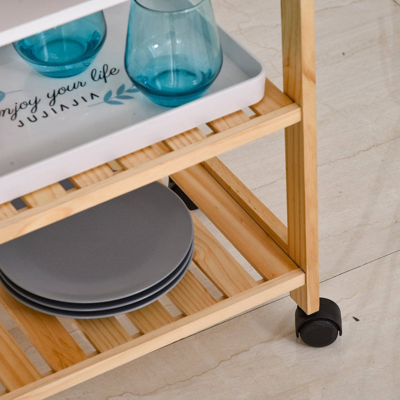 HOMCOM Pine Wood 4-Tier Kitchen Trolley White