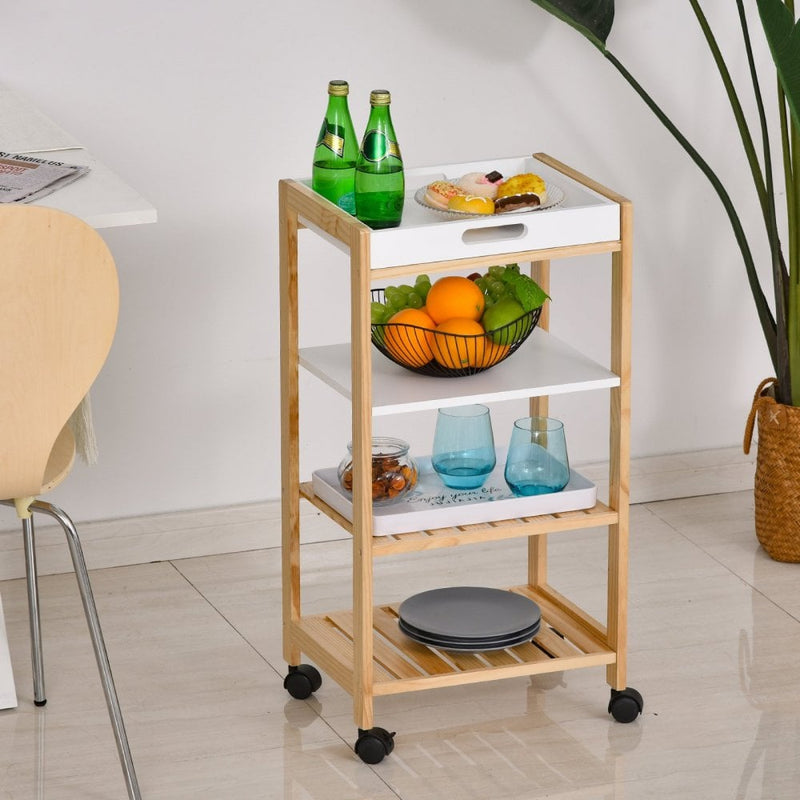 HOMCOM Pine Wood 4-Tier Kitchen Trolley White