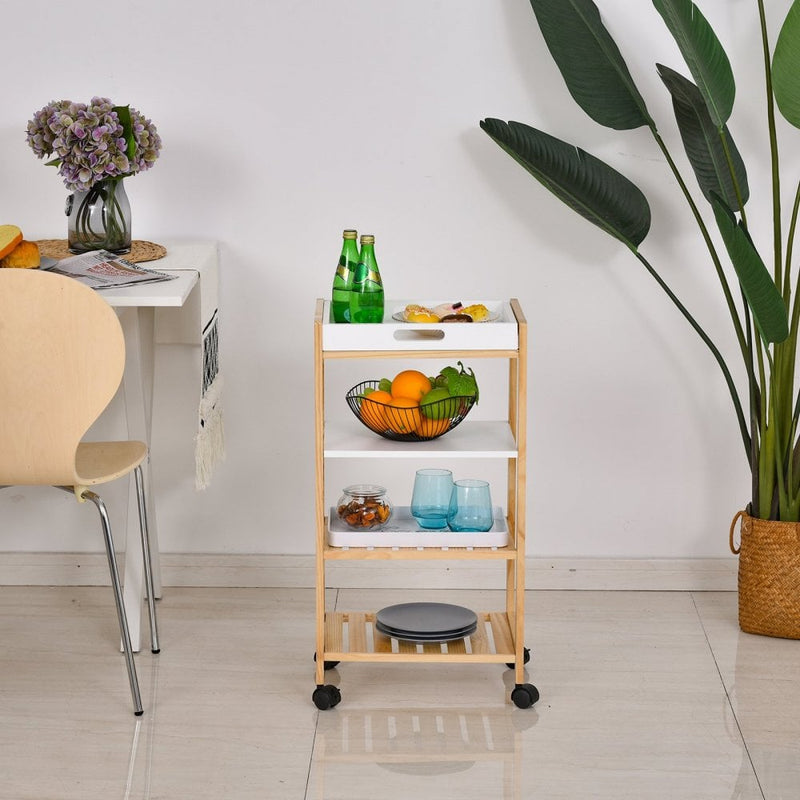 HOMCOM Pine Wood 4-Tier Kitchen Trolley White