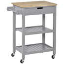 Kitchen Trolley Utility Cart on Wheels with Rubberwood Worktop, Towel Rack, Storage Shelves & Drawer for Dining Room, Grey Worktop Rack