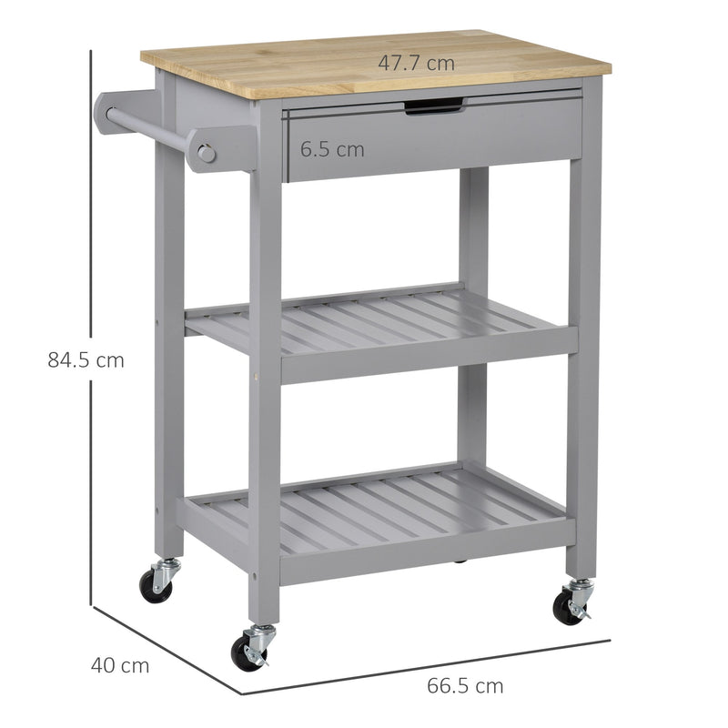 Kitchen Trolley Utility Cart on Wheels with Rubberwood Worktop, Towel Rack, Storage Shelves & Drawer for Dining Room, Grey Worktop Rack