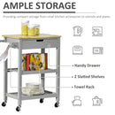 Kitchen Trolley Utility Cart on Wheels with Rubberwood Worktop, Towel Rack, Storage Shelves & Drawer for Dining Room, Grey Worktop Rack