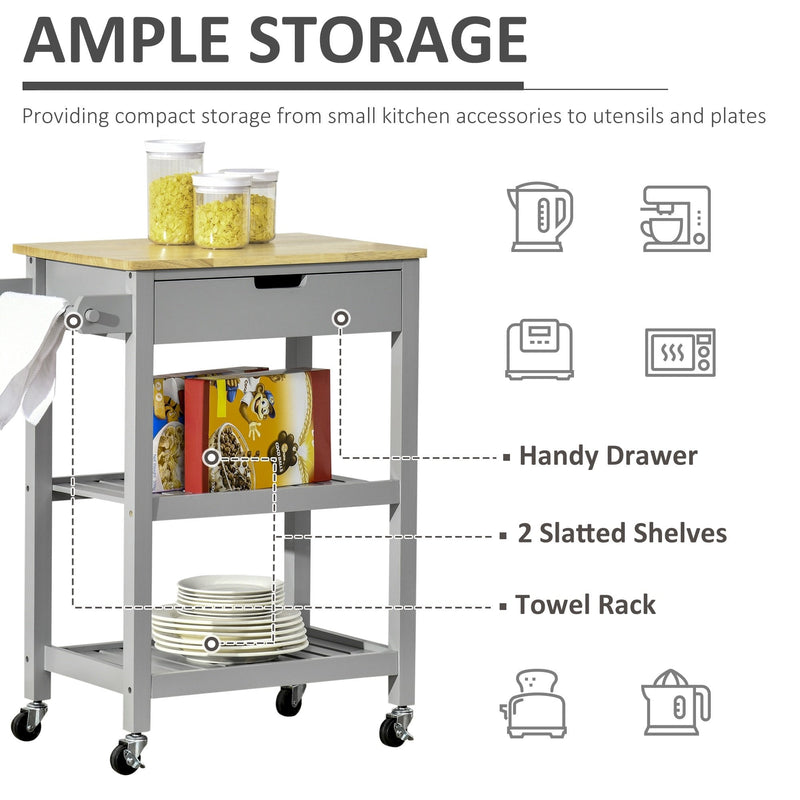 Kitchen Trolley Utility Cart on Wheels with Rubberwood Worktop, Towel Rack, Storage Shelves & Drawer for Dining Room, Grey Worktop Rack