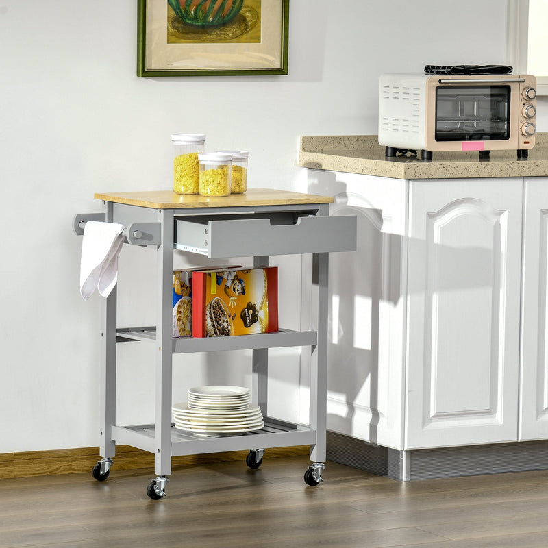 Kitchen Trolley Utility Cart on Wheels with Rubberwood Worktop, Towel Rack, Storage Shelves & Drawer for Dining Room, Grey Worktop Rack