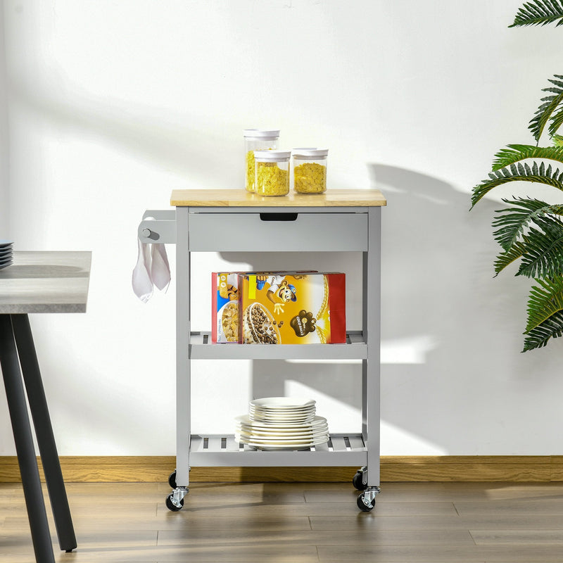 Kitchen Trolley Utility Cart on Wheels with Rubberwood Worktop, Towel Rack, Storage Shelves & Drawer for Dining Room, Grey Worktop Rack