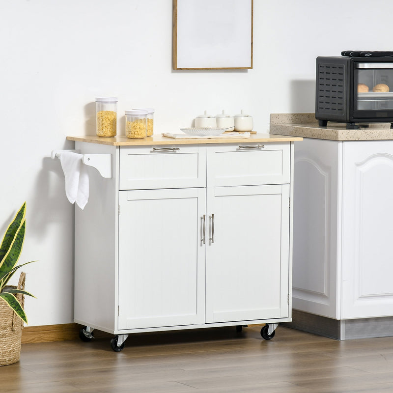 Modern Rolling Kitchen Island Storage Kitchen Cart Utility Trolley with Rubberwood Top, 2 Drawers, White Drawers