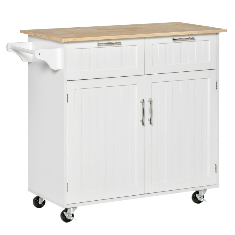 Modern Rolling Kitchen Island Storage Kitchen Cart Utility Trolley with Rubberwood Top, 2 Drawers, White Drawers