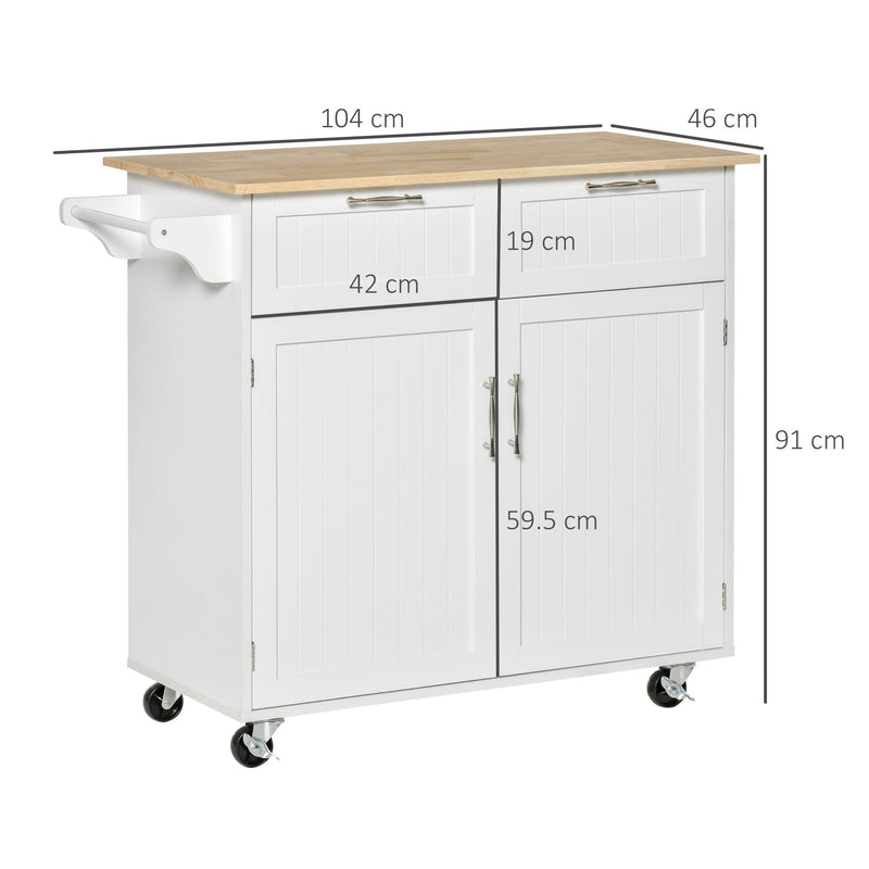Modern Rolling Kitchen Island Storage Kitchen Cart Utility Trolley with Rubberwood Top, 2 Drawers, White Drawers