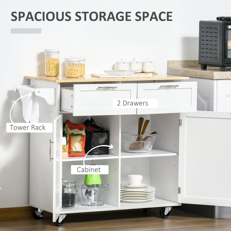 Modern Rolling Kitchen Island Storage Kitchen Cart Utility Trolley with Rubberwood Top, 2 Drawers, White Drawers
