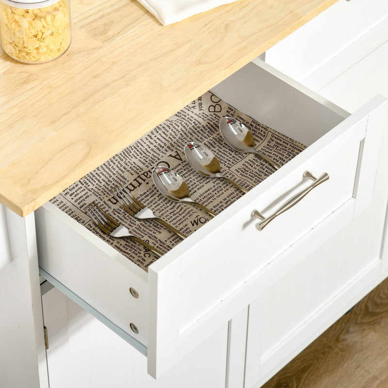 Modern Rolling Kitchen Island Storage Kitchen Cart Utility Trolley with Rubberwood Top, 2 Drawers, White Drawers