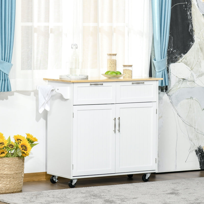 Modern Rolling Kitchen Island Storage Kitchen Cart Utility Trolley with Rubberwood Top, 2 Drawers, White Drawers