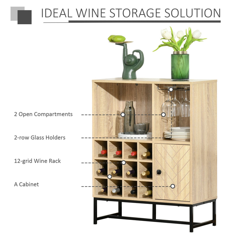 Wine Cabinet for 12 Bottles, Freestanding Wine Rack Sideboard Serving Bar with Glass Holders, Brown Holders