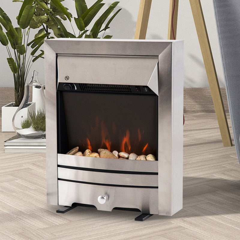 HOMCOM LED Flame Electric Fire Place-Stainless Steel 2KW Pebble Burning Effect Heater Indoor Stove Lighting