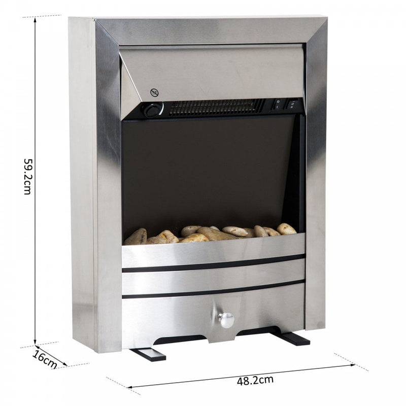 HOMCOM LED Flame Electric Fire Place-Stainless Steel 2KW Pebble Burning Effect Heater Indoor Stove Lighting
