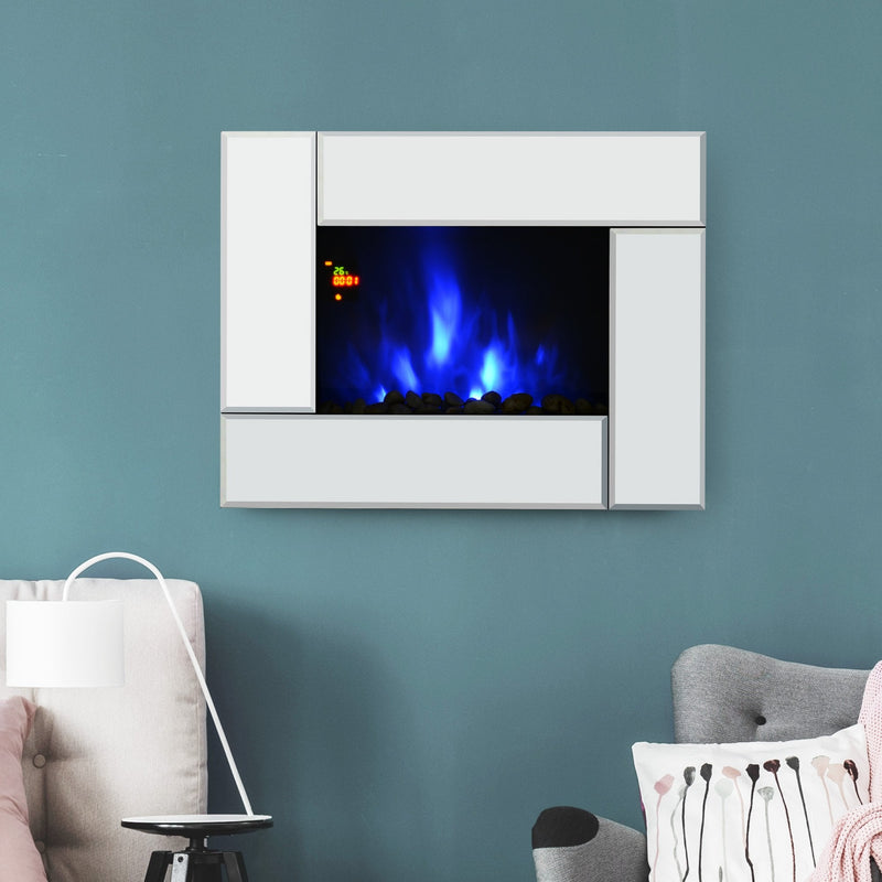 HOMCOM Electric Fireplace Heater 1800W Wall Mounted Flame Effect 7 Coloured LED Light Fire Glass Screen W/ Pebble & Remote Control