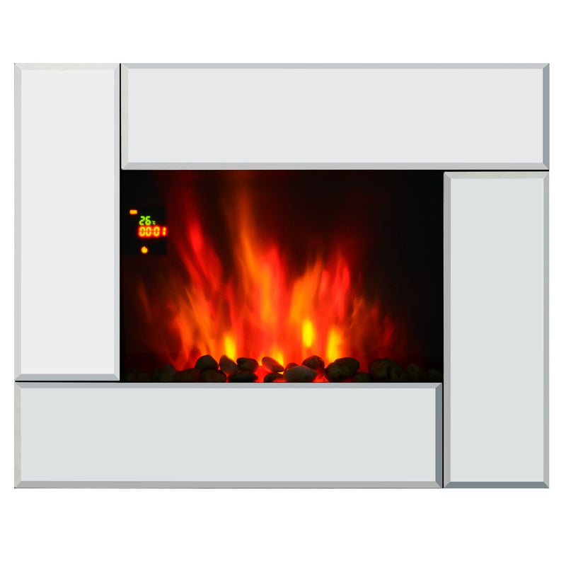 HOMCOM Electric Fireplace Heater 1800W Wall Mounted Flame Effect 7 Coloured LED Light Fire Glass Screen W/ Pebble & Remote Control