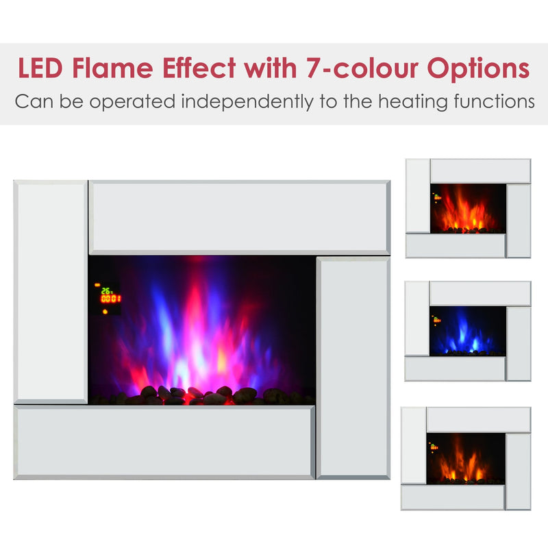 HOMCOM Electric Fireplace Heater 1800W Wall Mounted Flame Effect 7 Coloured LED Light Fire Glass Screen W/ Pebble & Remote Control