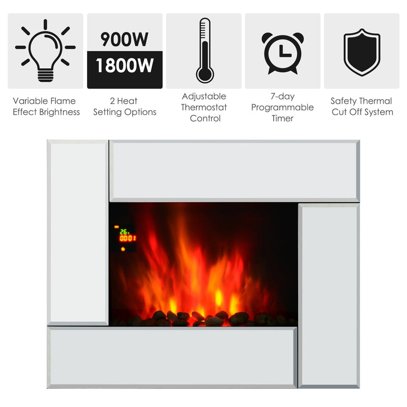 HOMCOM Electric Fireplace Heater 1800W Wall Mounted Flame Effect 7 Coloured LED Light Fire Glass Screen W/ Pebble & Remote Control