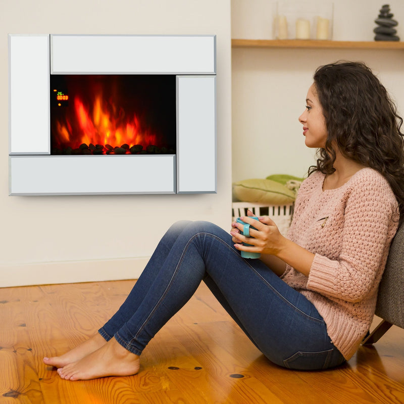 HOMCOM Electric Fireplace Heater 1800W Wall Mounted Flame Effect 7 Coloured LED Light Fire Glass Screen W/ Pebble & Remote Control