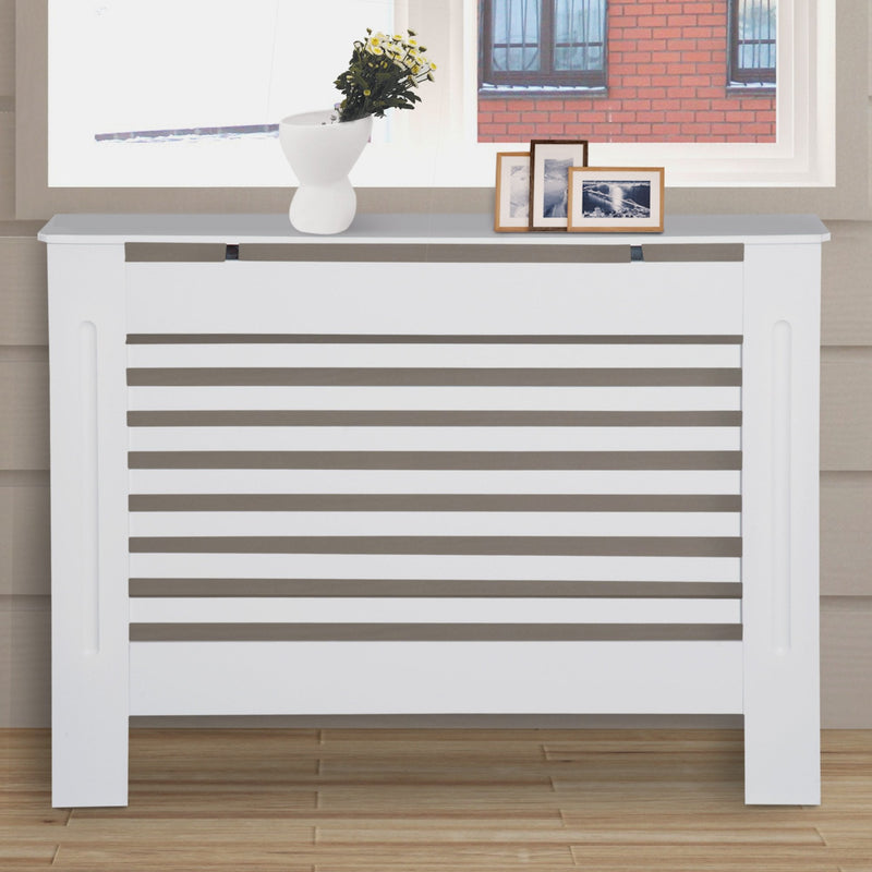 HOMCOM MDF Modern Radiator Cover Cabinet Top Shelving Home Office Slatted Design White 112L x 19W x 81H cm