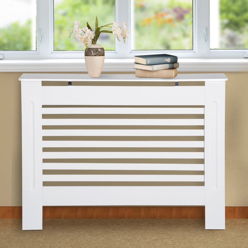 HOMCOM MDF Modern Radiator Cover Cabinet Top Shelving Home Office Slatted Design White 112L x 19W x 81H cm