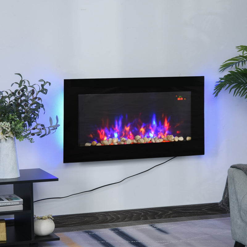 HOMCOM 2000W Wall Mounted Tempered Large LED Flat Glass Electric Fireplace Heater Black