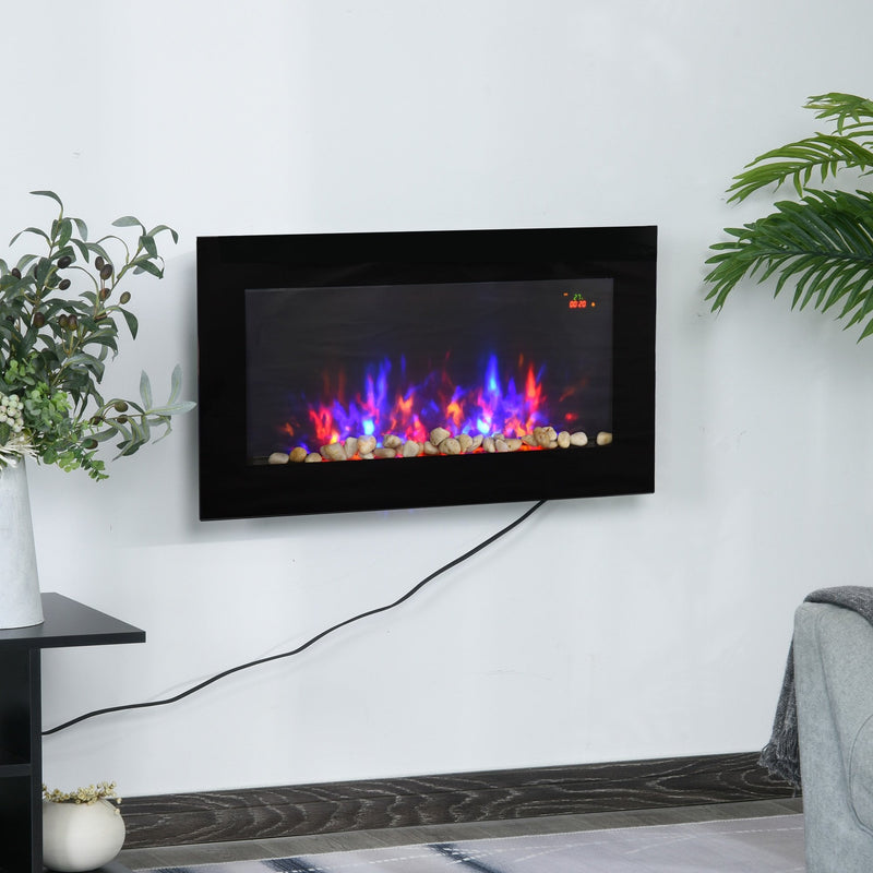 HOMCOM 2000W Wall Mounted Tempered Large LED Flat Glass Electric Fireplace Heater Black
