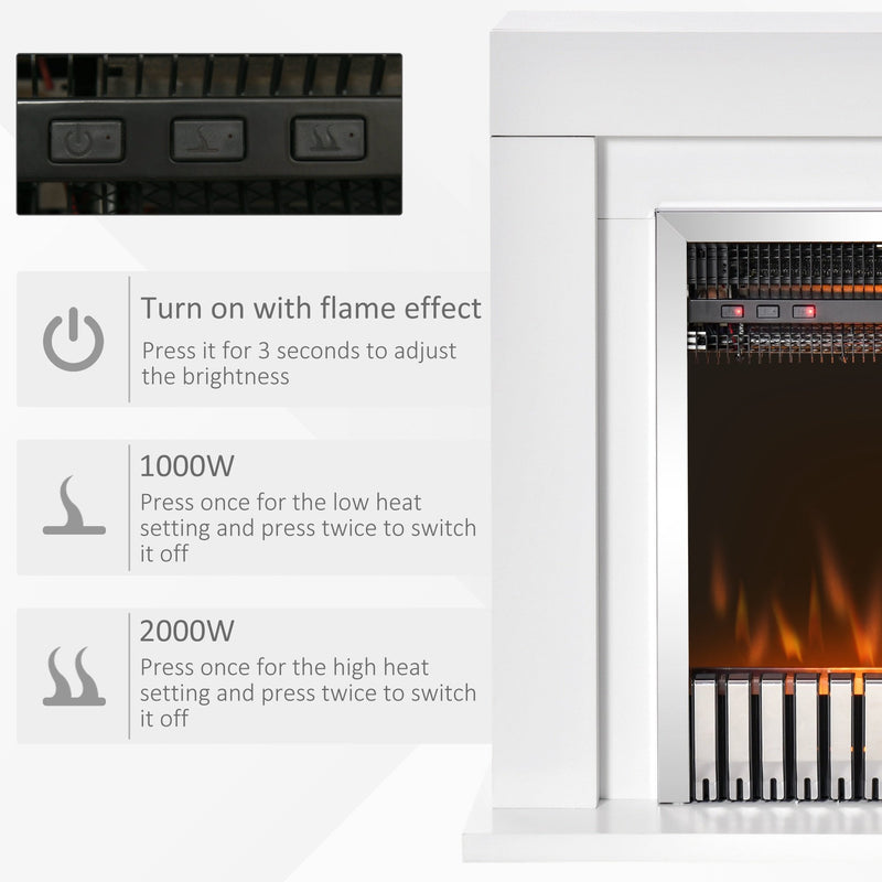 HOMCOM Electric Fireplace Suite with Remote Control, Freestanding Fireplace Heater with Flame Effect, 1kW/2kW, Overheat Protection, 7-day Programmable Timer, White Safe Cut-Off