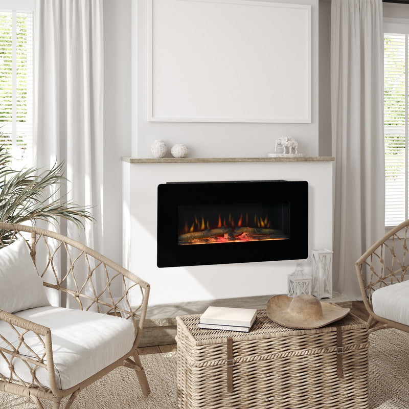 HOMCOM Electric Wall-Mounted Fireplace Heater with Adjustable Flame Effect, Remote Control, Timer, 1800/2000W, Black Wall-Mount W/ Effect Control